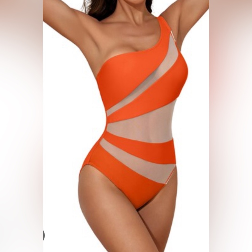 NWT Orange One-Shoulder Swimsuit with Mesh Detail, Large